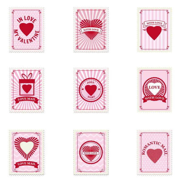 Conjunto de sellos postales del día de San Valentín, colección de postal, sobre de correo. Corazones, retro, vintage, vector, aislado — Archivo Imágenes Vectoriales