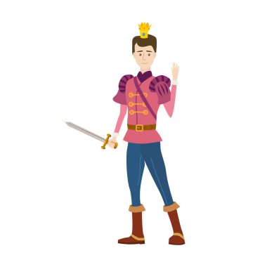 Ortaçağ peri masalı kostümlü ve kılıçlı genç prens. Kraliyet aristokrat karakter vektör illüstrasyonu izole