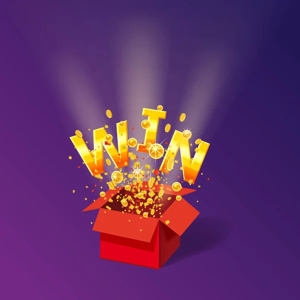 Open rode Geschenkdoos Win gouden tekst met munten en confetti explosie binnen. Vliegende deeltjes folie barstte. Loterij tekening reclame banner poster template. Vectorillustratie geïsoleerd — Stockvector