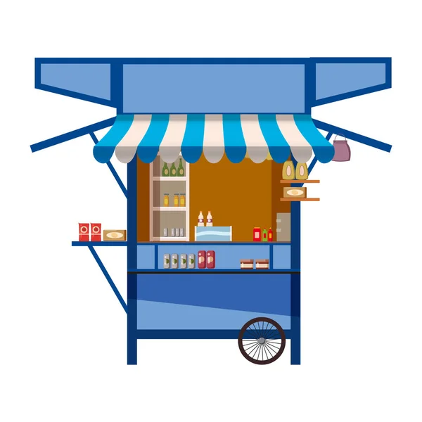 Piac bolt kerekeken, stand stand stand stand és különböző kioszk, piros-fehér csíkos napellenző kávé, élelmiszeripari termékek, gyorsétterem, zöldség, friss gyümölcs, kézműves, sütemény pékség. Vektorillusztráció — Stock Vector
