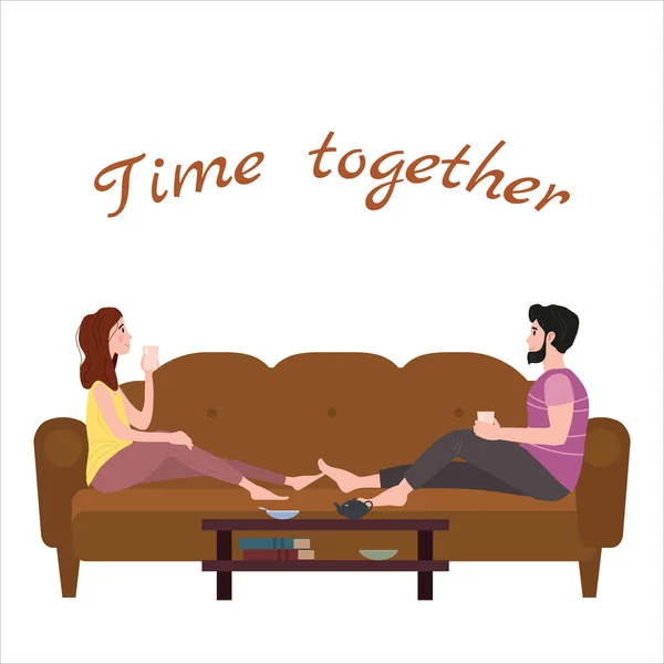 居心地の良いソファでかわいい愛情のカップル,お茶や飲み物を飲み、自宅で一緒に食べる.かわいい幸せなカップルの日常生活。男性女性キャラクター。ベクトルイラストフラット漫画 — ストックベクタ