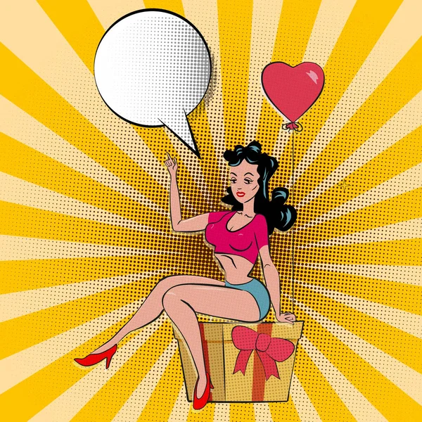 Sexy Pop art γυναίκα κάθεται σε ένα κουτί δώρου με κρατά μια φουσκωτή καρδιά και δείχνει ένα δάχτυλο στο φεγγάρι. Διάνυσμα σε ρετρό κόμικ στυλ απομονωμένη εικόνα halftone — Διανυσματικό Αρχείο