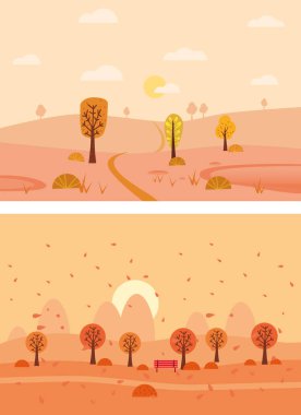 Minimal Autumn manzara kırsal alan manzaralarını ayarlayın. Sarı ağaçlar yapraklar, dağlar, tepeler, yollar. Vektör illüstrasyonu minimal moda biçimi izole edildi