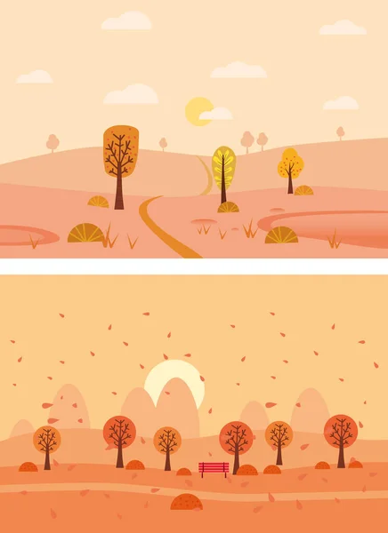 Ορισμός Minimal Autumn τοπία πανόραμα της Εξοχή τοπίο. Κίτρινο φύλλωμα δέντρων, βουνά, λόφοι, δρόμος. Εικονογράφηση διάνυσμα minimal μοντέρνο στυλ απομονωμένο — Διανυσματικό Αρχείο