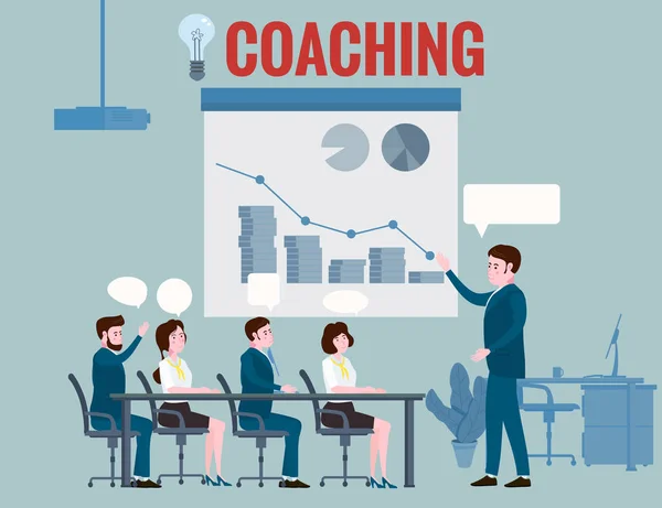 Business Coaching, Leute, die Mann und Frau trainieren, reden, diskutieren im Besprechungsraum. mit Diagramm und Diagramm Statistiken Hintergrund. Vektor isolierte Illistration Cartoon flacher Stil — Stockvektor