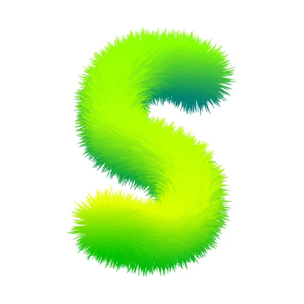 Letter S fluffy fur, texture decorative green alphabet uppercase. Vector graphic design isolated — Stock Vector