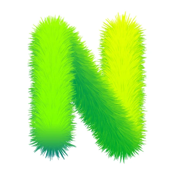 Letter N fluffy fur, texture decorative green alphabet uppercase. Vector graphic design isolated — Stock Vector