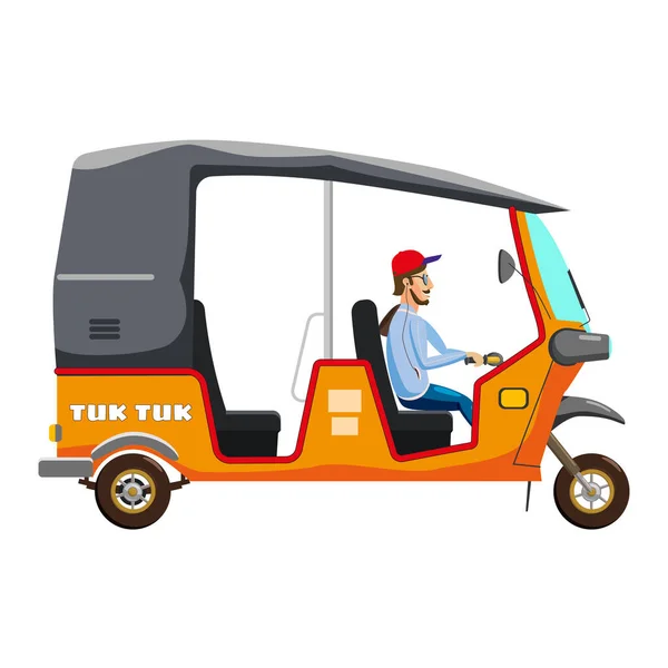 Tuk Tuk asiático auto rickshaw triciclo de tres ruedas con conductor local. Tailandia, países indios baby taxi. Ilustración vectorial estilo de dibujos animados aislados — Archivo Imágenes Vectoriales