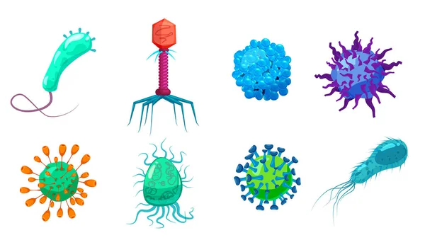 Set Vírus bactérias germes microrganismos objetos causadores de doenças micróbios pandêmicos, infecção por fungos. Ícone de desenho animado ilustração Vector isolado —  Vetores de Stock