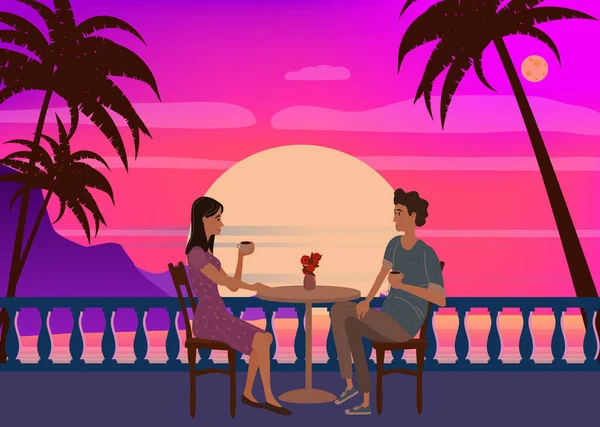 Χαριτωμένο ζευγάρι κάθεται στο τραπέζι, πίνοντας τσάι ή καφέ και μιλώντας σε υπαίθριο καφέ ηλιοβασίλεμα θάλασσα ωκεανό. Νεαρός άντρας και γυναίκα ρομαντική σχέση. Ανδρικοί γυναικείοι χαρακτήρες. Εικονογράφηση διάνυσμα επίπεδη γελοιογραφία — Διανυσματικό Αρχείο