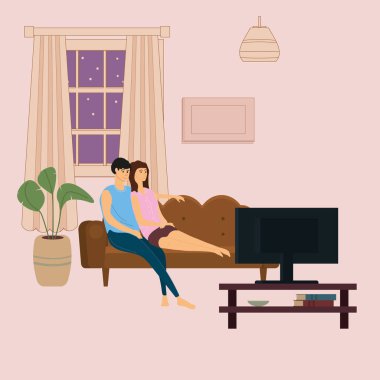 Sevgi dolu bir çift televizyon seyrediyor, televizyon seyrediyor, TV dizisi izliyor, rahat bir koltukta yayın yapıyor. Mutlu çiftin evde eğlendiği günlük bir hayat. Bir çift erkek ve kadın birlikte vakit geçiriyorlar. Vektör
