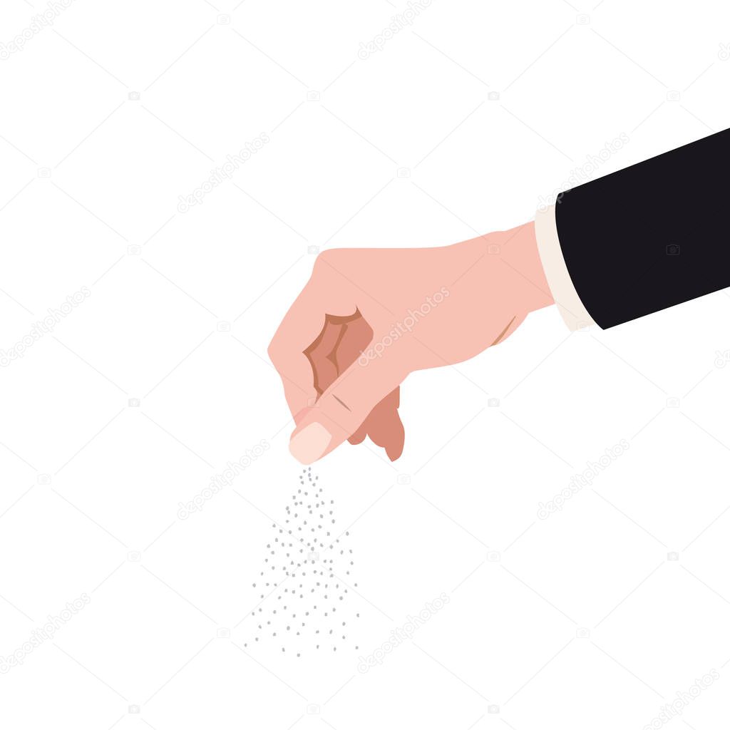 Human hand salting, salts, spice. Cooking gesture sprinkle vector isolated cartoon style illustration