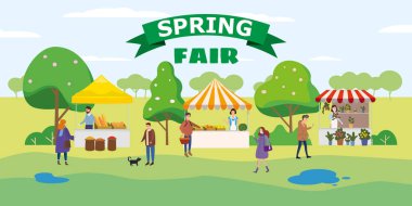 Spring Fair festival. Food street fair, market family festival. People walking eating street food, shopping, have fun together. Tents, awnings, canopy. Vector illlustration isolated clipart