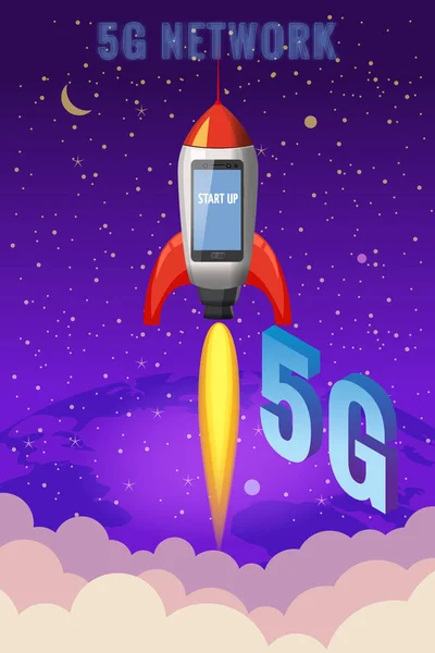 Smartphone raket vliegt in de lucht op te starten. 5g internet nieuwe mobiele draadloze technologie wifi-verbinding. Isometrische letters 5g. Vijfde innovatieve generatie van het wereldwijde hogesnelheidsinternetnetwerk — Stockvector