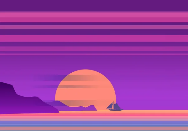 Sunset beach, tropical sea, ocean. Panorama of mountains, horison orange Sun seascape sailboat. Vector illustration isolated — Stock vektor