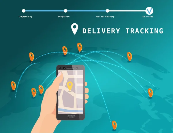 配信地球地図上のマーカー貨物とグローバルトラッキングシステムサービスオンラインアイソメトリックデザイン。GPSナビゲーションマップアプリでスマートフォンを手ホールド。スマートな物流と輸送の概念。ベクトル — ストックベクタ