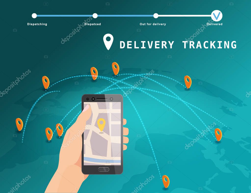 Delivery Global tracking system service online isometric design with markers cargo on map Earth.