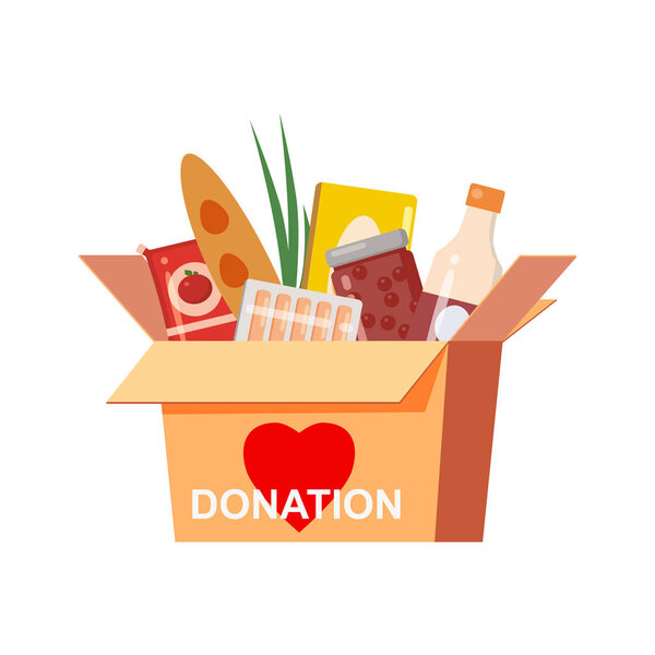 Box donation with food charity. Canned, bread, drinks. With text banner donate. Cartoon vector illustration isolated on white background