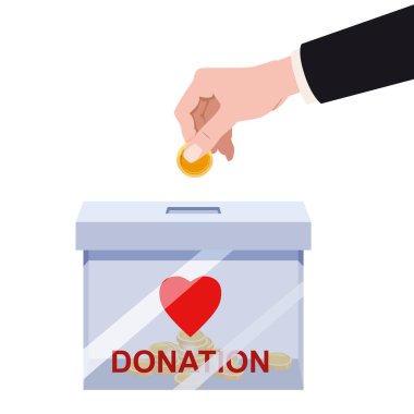 Donation Box with human hand insert golden coin, money. Depositing in a transparentcontainer with text banner donate. Vector illustration isolated cartoon style clipart