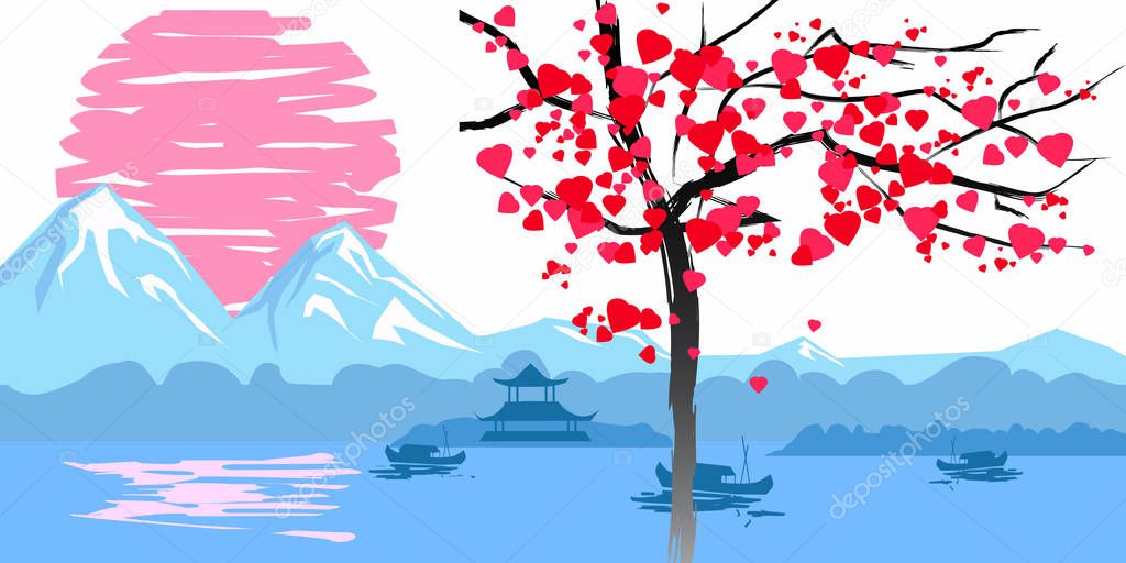 Chinese traditional or Japanese landscape, with pagoda and mountains, flowering tree hearts, sunset sea fisherman boats, silhouettes. Isolated illustration vector