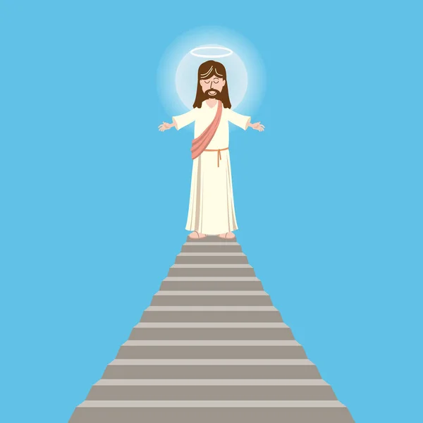 Boże, Jezus Chrześcijańska religia, łaska, dobre, biblijne wniebowstąpienie na szczycie koncepcji schodów. Charakter Jezusa Chrystusa, skecz koncepcyjny syna Boga. Ilustracja izolowanego wektora — Wektor stockowy