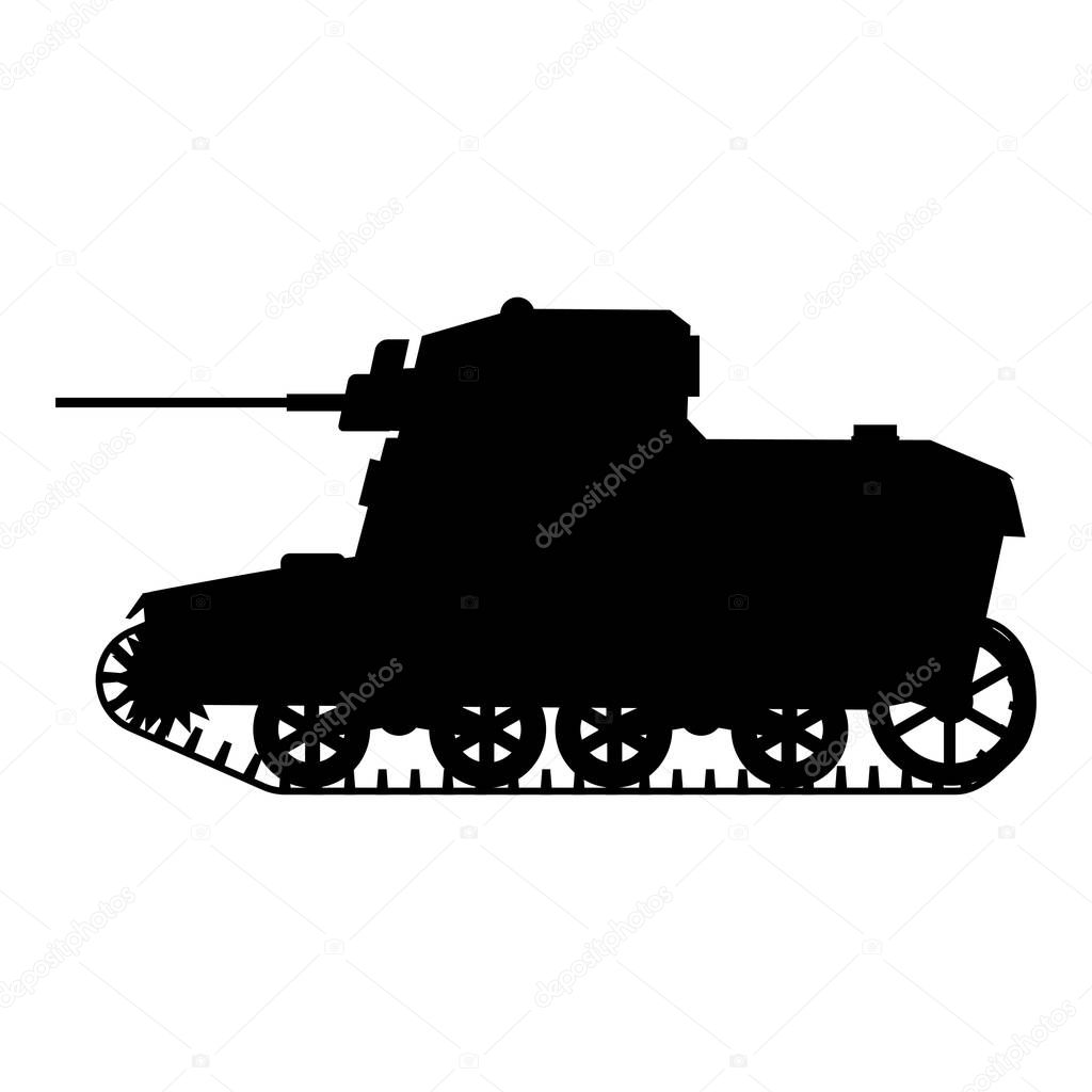 Silhouette Tank American World War 2 M3 Stuart light tank icon. Military army machine war, weapon, battle symbol silhouette side view. Vector illustration isolated