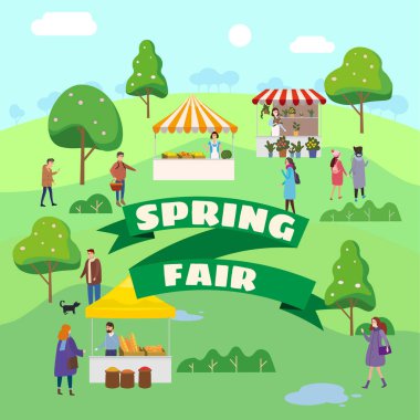 Bahar Festivali. Yemek fuarı, market aile festivali. İnsanlar sokak yemeği yiyerek, alışveriş yaparak, birlikte eğlenerek yürüyor. Çadırlar, tenteler, tenteler. Vektör yanılsaması izole edildi