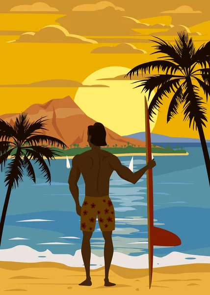 Surfer στέκεται με σανίδα του σερφ στην τροπική παραλία πίσω όψη. Χαβάη surfing παλάμες ωκεανό θέμα ρετρό τρύγος. Εικονογράφηση διανύσματος απομονωμένο εικονίδιο — Διανυσματικό Αρχείο