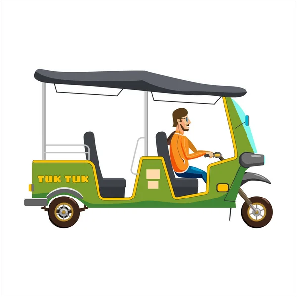 Tuk Tuk asiático auto rickshaw triciclo de tres ruedas con conductor local. Tailandia, países indios baby taxi. Ilustración vectorial estilo de dibujos animados aislados — Archivo Imágenes Vectoriales