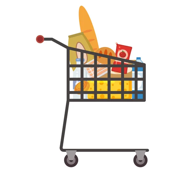 Supermarkt-Selbstbedienungswagen Warenkorb voller Lebensmittel. Vektor isolierte Illustration — Stockvektor
