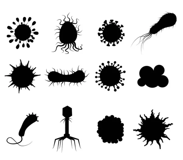 Set Vírus bactérias germes microrganismos ícones doença causando objetos micróbios pandêmicos, infecção por fungos. Vetor isolado ilustração desenho animado estilo —  Vetores de Stock