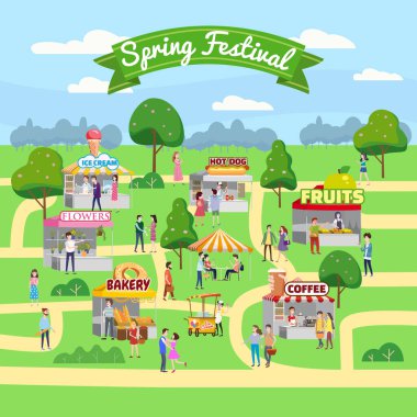Bahar Festivali. Yemek fuarı, market aile festivali. İnsanlar sokak yemeği yiyerek, alışveriş yaparak, birlikte eğlenerek yürüyor. Çadırlar, tenteler, tenteler. Vektör yanılsaması izole edildi