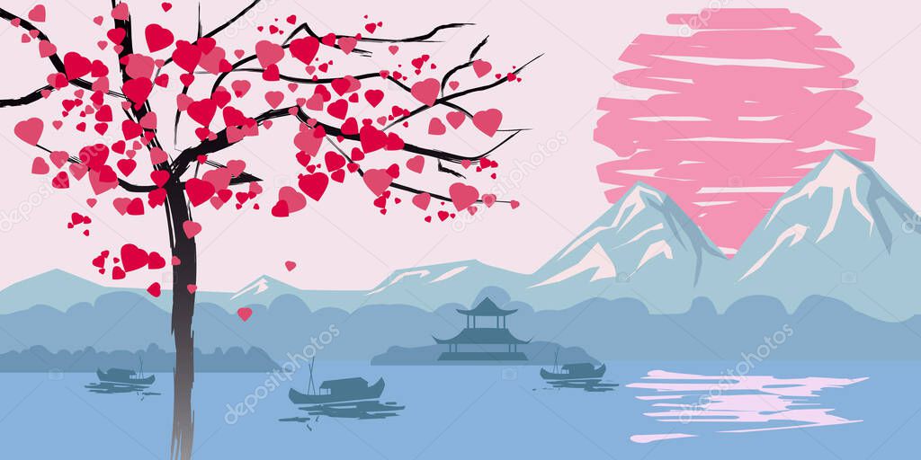 Chinese traditional or Japanese landscape, with pagoda and mountains, flowering tree hearts, sunset sea fisherman boats, silhouettes. Isolated illustration vector