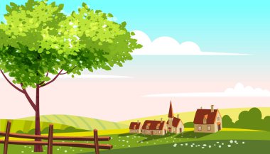 Lovely Countryside landscape farm village farm spring tree green hills fields, nature, bright color blue sky. Spring, summer country scenery panorama agriculture, farming. Vector illustration cartoon