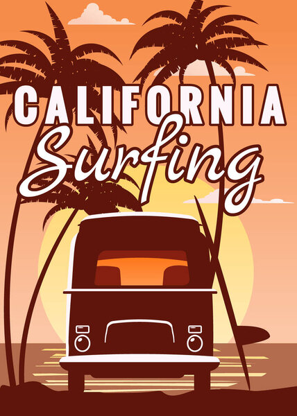 Surfer orange bus, van, camper with surfboard on the tropical beach. Poster California palm trees and blue ocean behind. Retro illustration of modern design, isolated, vector