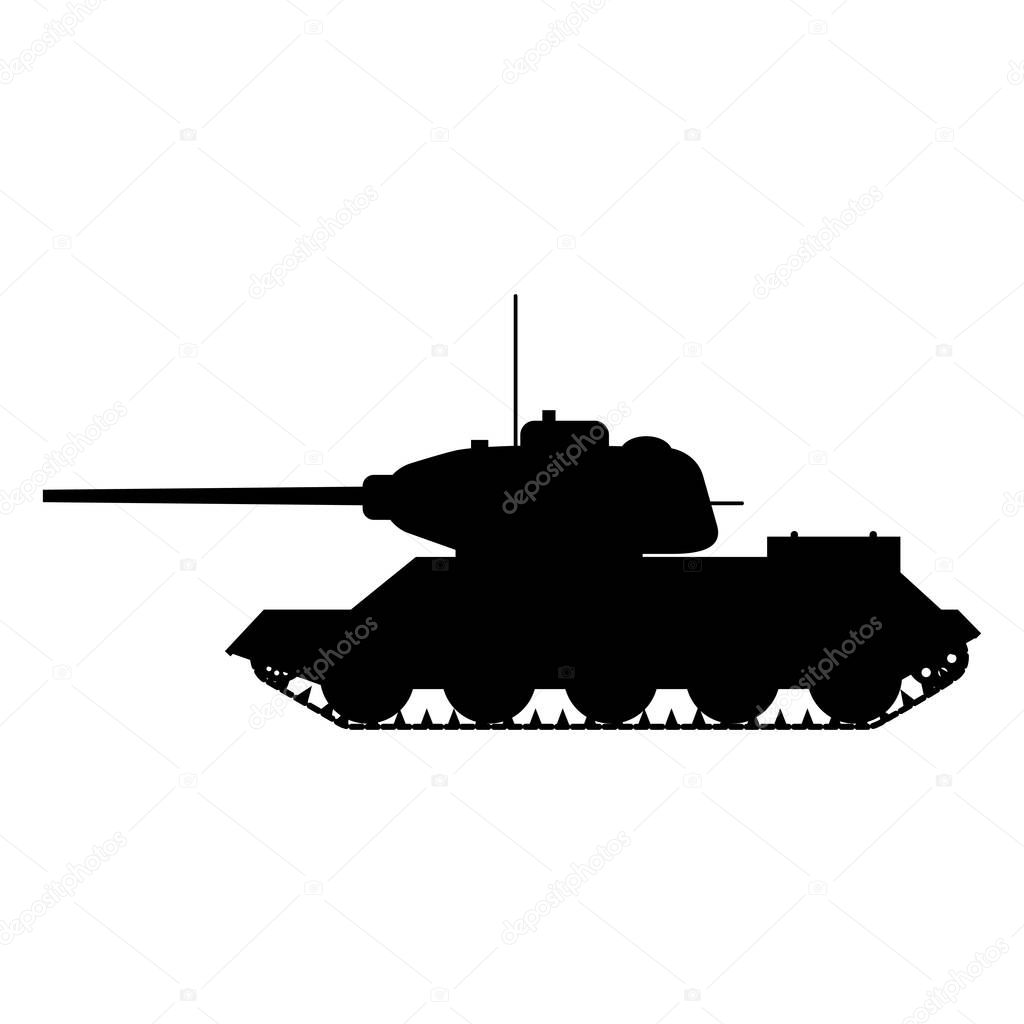Silhouette tank Soviet World War 2 T34 medium tank icon. Military army machine war, weapon, battle symbol silhouette side view. Vector illustration isolated