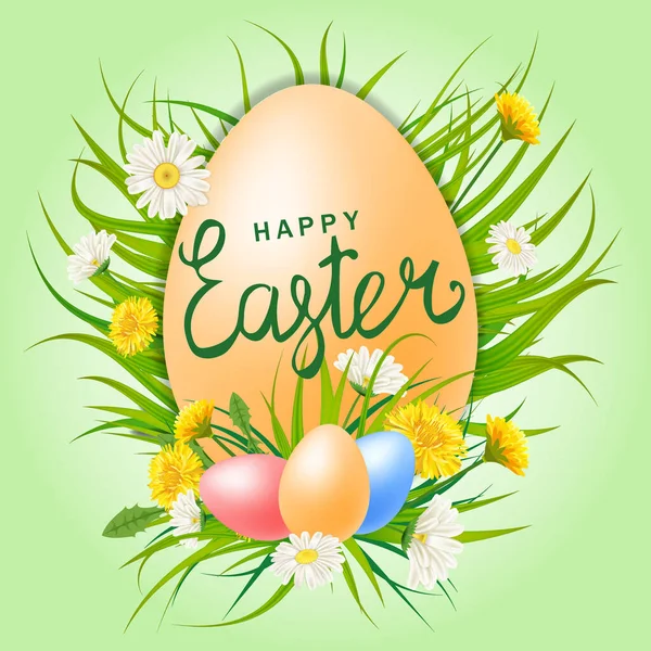 Happy Easter Eagg lettering template banner dandelions and daisies, grass, floral background. Vector illustration posters, flyers, greeting card, invitation