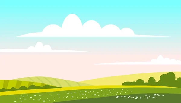 Paysage rural champs de collines verdoyantes, nature, ciel bleu vif. Paysage rural panorama agriculture, agriculture, pays. Illustration vectorielle style dessin animé isolé — Image vectorielle