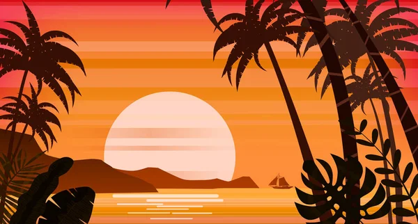 Coucher de soleil plage palmiers silhouettes, été, mer tropicale, océan. Panorama coloré de montagnes, paysage marin orange horison, voilier paysage. Illustration vectorielle affiche isolée flyer — Image vectorielle