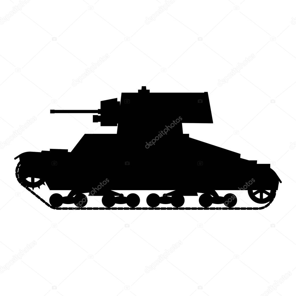 Silhouette Tank Infantry Vickers Mk.E World War 2 Britain tank icon. Military army machine war, weapon, battle symbol silhouette side view. Vector illustration isolated