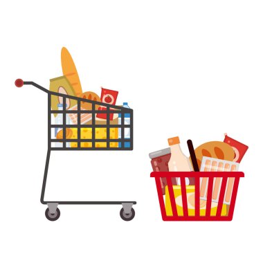 Set Supermarket self service shopping carts baskets trolley full grocery food products. Vector isolated illustration