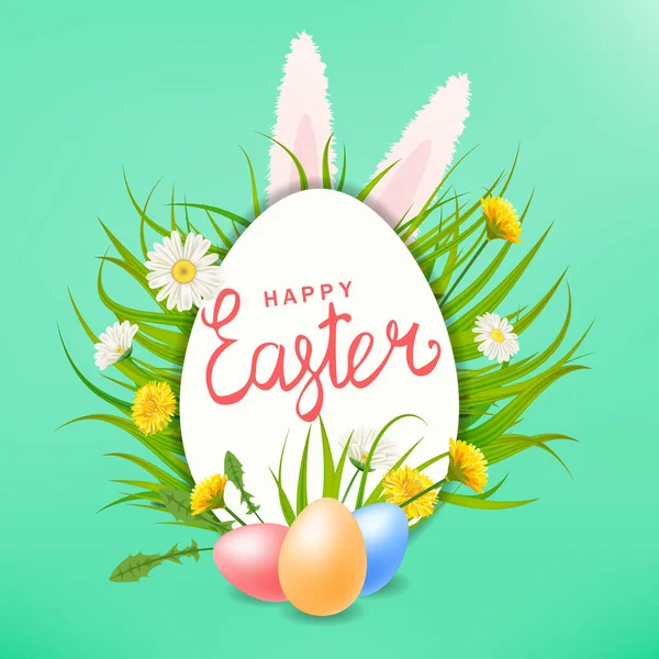 Happy Easter Eaggs lettering template banner dandelions and bunny ears daisies, grass, floral background. Vector illustration posters, flyers, greeting card, invitation