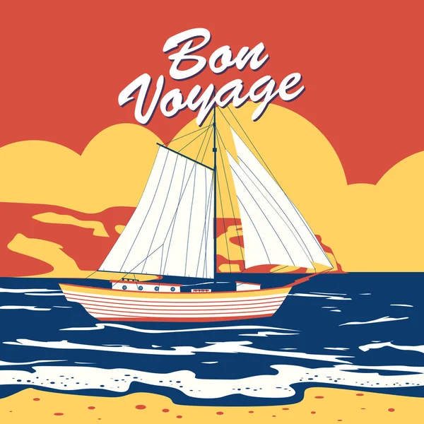 Barco de vela bandera retro arte pop vintage con texto Bon Voyage. Náutico yate de vela océano o viajar. Ilustración vectorial aislada — Archivo Imágenes Vectoriales