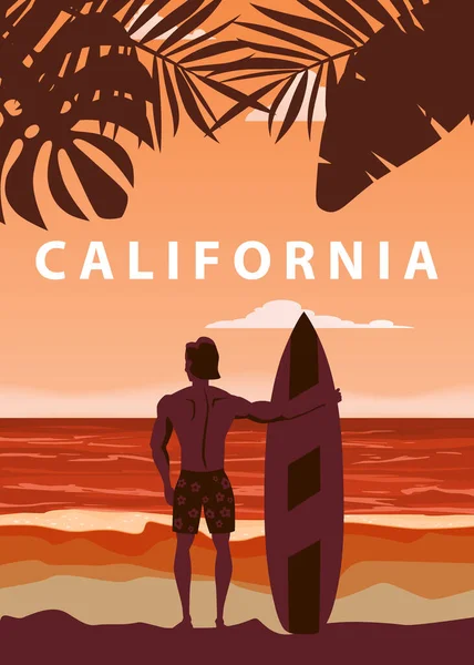 Surfeur debout avec planche de surf sur la plage tropicale vue arrière. California surf palms océan thème vintage rétro. Illustration vectorielle modèle isolé affiche bannière — Image vectorielle