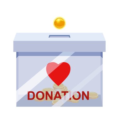 Donation Box with golden coin, money. Depositing in a transparent container with text banner donate. Vector illustration isolated cartoon style
