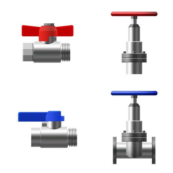 Set robinets boule, raccords, tuyaux de système de tuyauterie en métal. Différents types de vannes eau, pétrole, gazoduc, tuyaux d'égout. Construction et technologie de pression industrielle plomberie. Illustration vectorielle — Image vectorielle