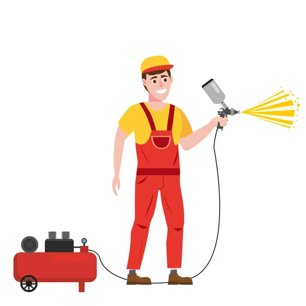 Spray painter professional character spraying yellow paint from paint gun and compressor wearing uniform. Flat cartoon style vector illustration isolated on white background. — Stock Vector