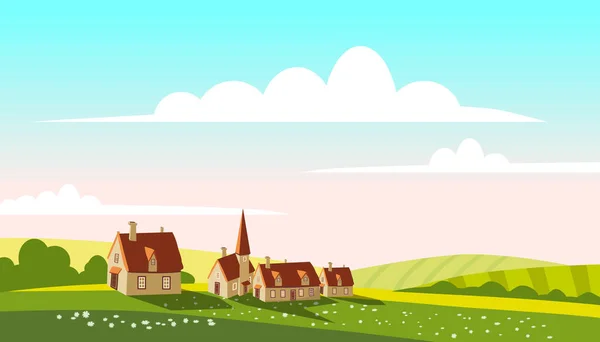 美しい田園風景の村の農場緑の丘のフィールド、自然、明るい色の青い空。春、夏の国の風景パノラマ農業、農業。ベクトルイラスト漫画風孤立 — ストックベクタ