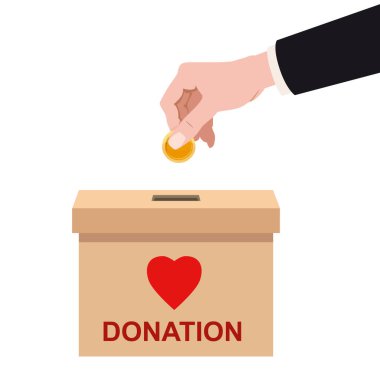 Donation Box with human hand insert golden coin, money. Depositing in a carton container with text banner donate. Vector illustration isolated cartoon style