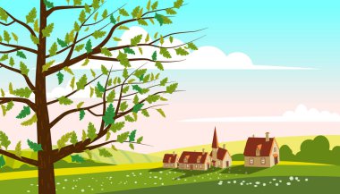 Lovely Countryside landscape farm village farm spring tree green hills fields, nature, bright color blue sky. Spring, summer country scenery panorama agriculture, farming. Vector illustration cartoon
